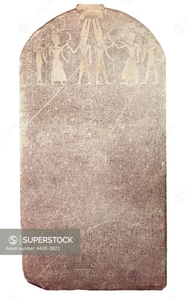 The Israel Stela or Victory stela of Merneptah. 1213 -1203 BC. New Kingdom. It commemorates the victory of the Pharaoh over the Libian invaders. Egyptian art. New Kingdom. Relief on rock. EGYPT. CAIRO. Cairo. Egyptian Museum. Proc: EGYPT. QUENA. Valley of the Kings. Mortuary Temple of Merenptah (Merneptah).