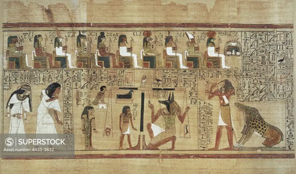 Book of the Dead or Papyrus of Any. ca. 1275 BC. 19th Dynasty. Scene from the dead judgement before the presence of Osiris. Egyptian art. New Kingdom. Painting. UNITED KINGDOM. ENGLAND. London. The British Museum. Proc: EGYPT. QUENA. Luxor. Thebes.