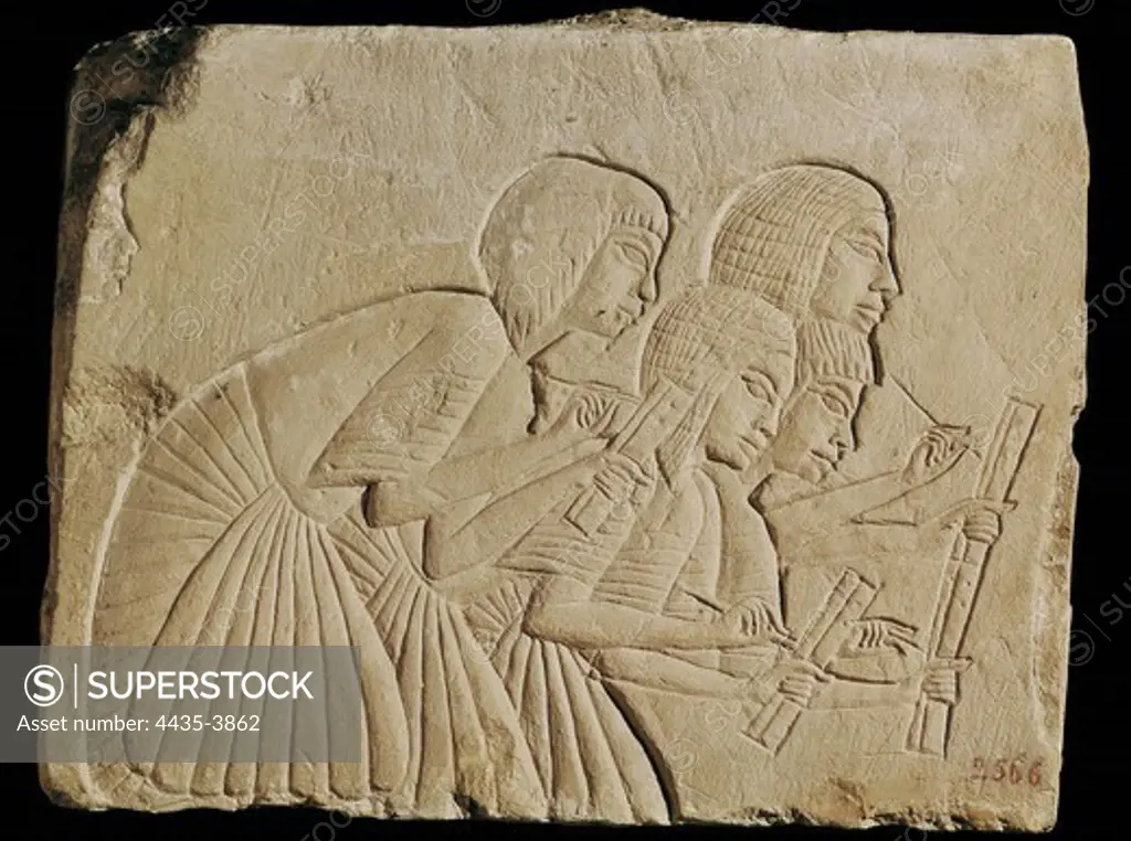 Scribes. 16th-14th c. BC. 18th dinasty. Egyptian art. New Kingdom. Relief on rock. ITALY. TUSCANY. Florence. National Museum of Archaeology.