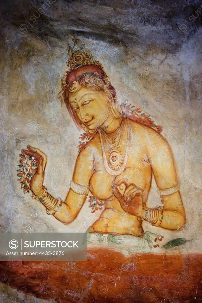 Maidens among clouds. 5th c. SRI LANKA. Sigiriya. Frescoes in the ancient rock fortress and palace of Sigiriya built by King Kasssapa (477-495). Hindu art. Fresco.