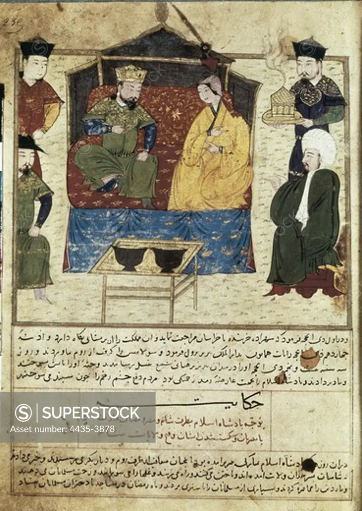 RASHID AL-DIN (1247 - 1318). Compendium of Chronicles (Jami' al-tawarikh). ca. 1307. Marriage of Mahmud Ghazan Khan (1271-1304). Khan mongol of Persia (1295-1304). Illustration of the first section with the history of the Mongols. Edited 1430 ca. Persian art. Miniature Painting. FRANCE. ëLE-DE-FRANCE. Paris. National Library.