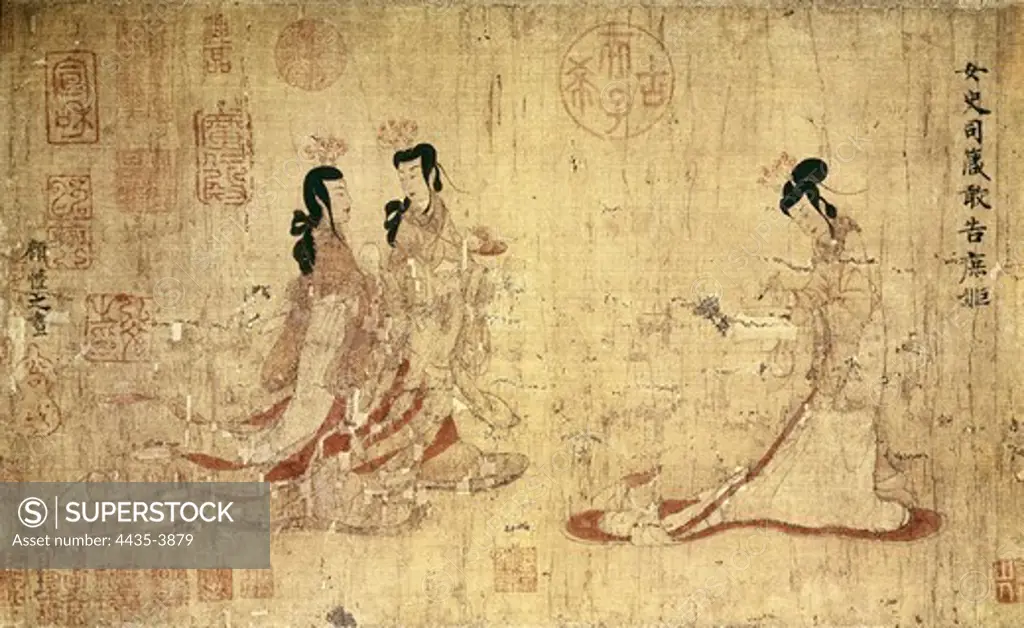 Gu Kaizhi or Ku K'ai-chih (344-406). The Instructor and the two young ladies. 345-406. Chinese art. Han period. Drawing. UNITED KINGDOM. ENGLAND. London. The British Museum. Proc: CHINA.