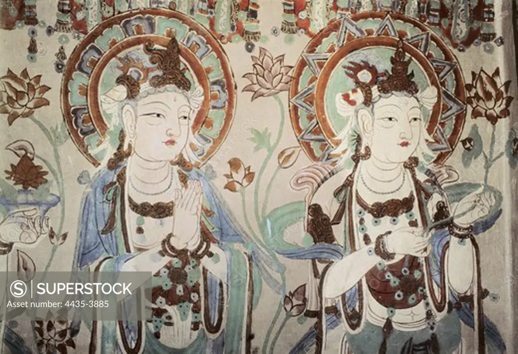 CHINA. Dunhuang. Mogao Caves. Dignitaries. Tang dynasty (7th-9th c.). Chinese art. Tang period. Fresco.