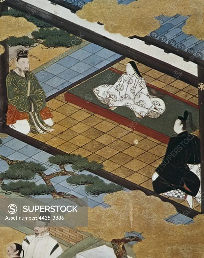 Minaiture of the Genji Monogatari, stories of 11th c. attributed to Murasaki Shikibu. Japanese art. Miniature Painting.