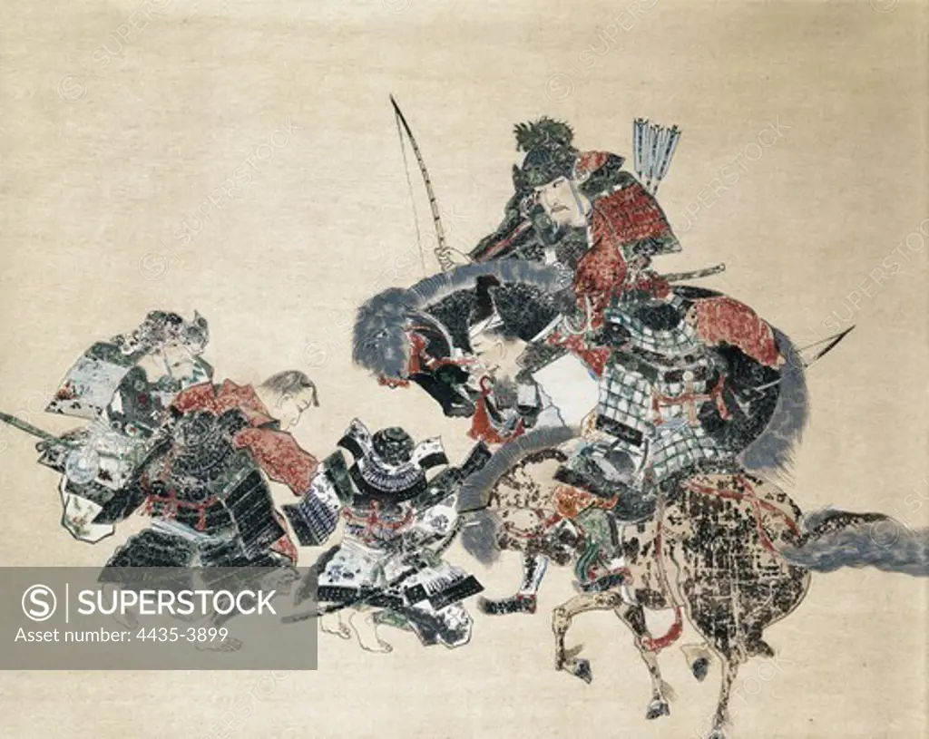 Attack of Mongolians to Japan (13th c.). Japanese art. Painting.