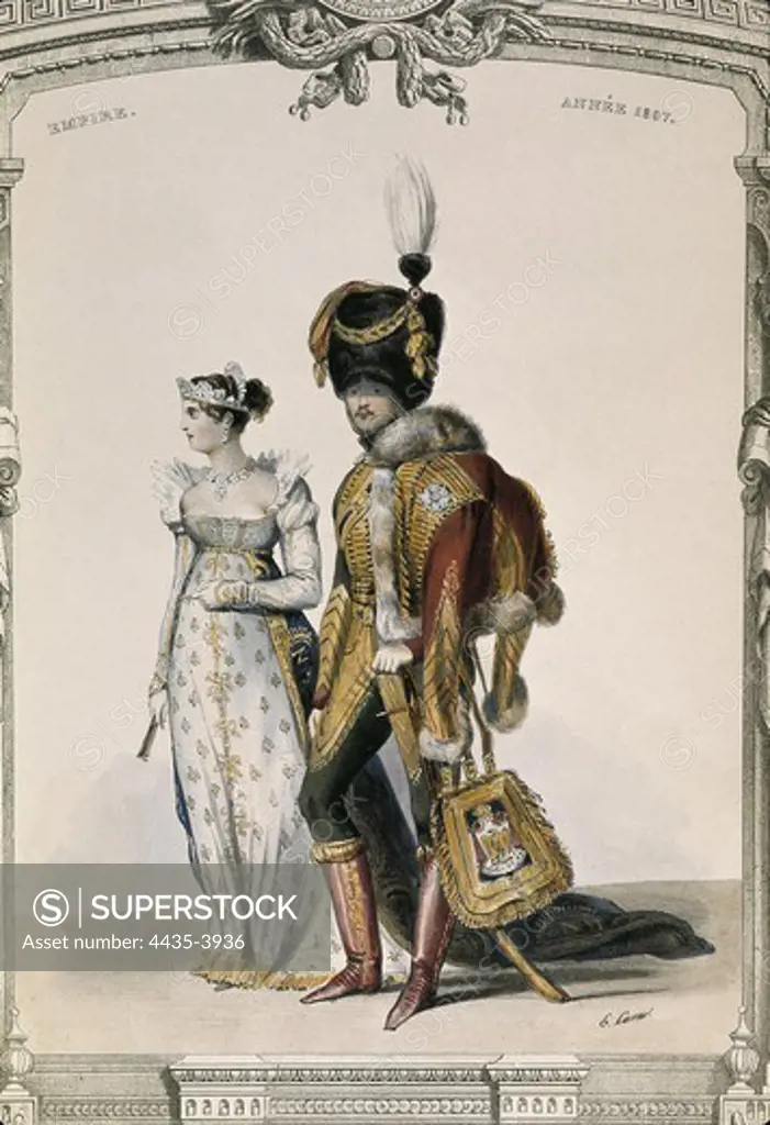 Fashion of the Napoleonic Empire in France, 1807. Engraving.