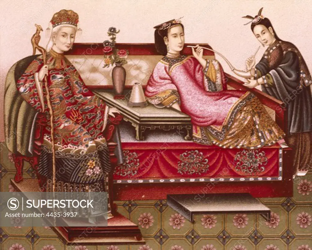 Chinese imperial clothing from late 19th century. Empress and Empress Dowager. Chinese art. Engraving.