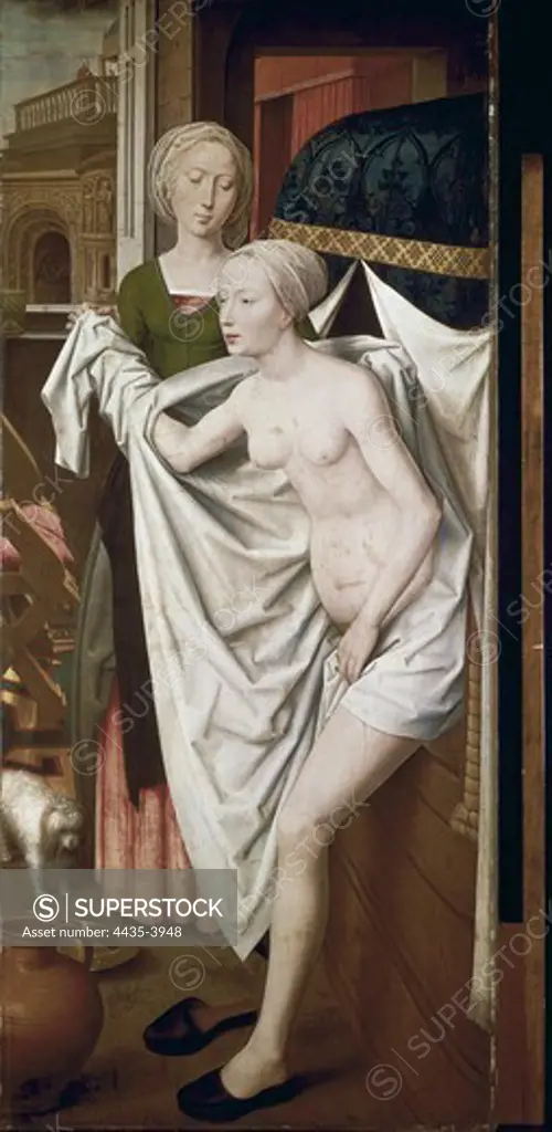 MEMLING, Hans (1433-1494). Bathsheba Bathing. ca. 1485. Flemish art. Oil. GERMANY. BADEN-WRTTEMBERG. Stuttgart. Staatsgalerie (State Gallery of Stuttgart).