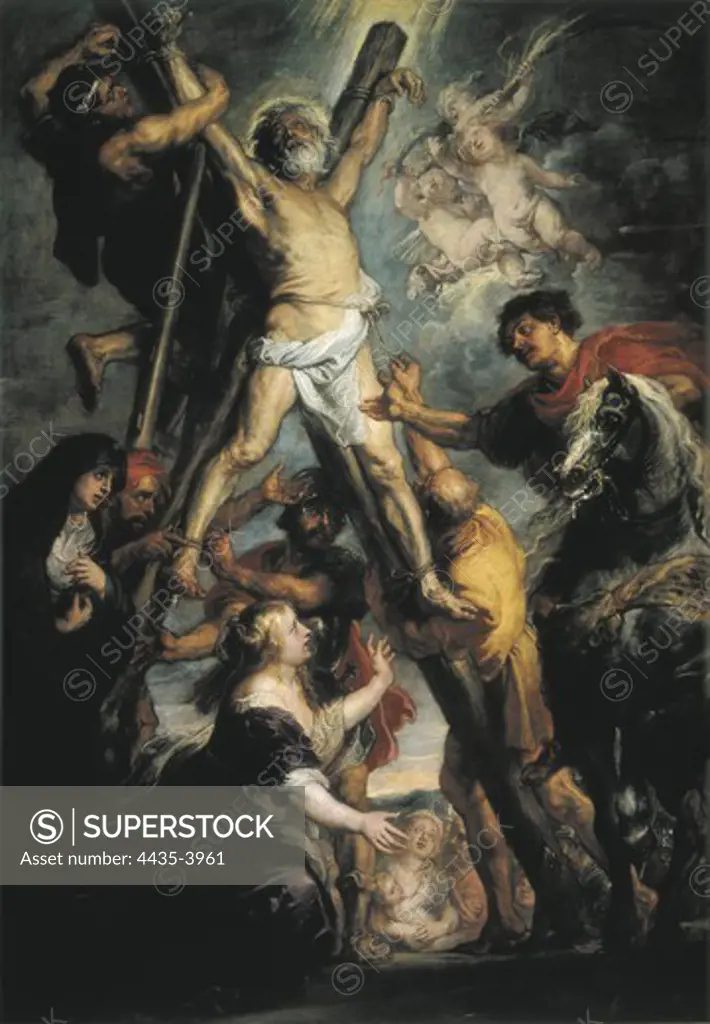 RUBENS, Peter Paul (1577-1640). The Martyrdom of St. Andrew. 1638-1639. Baroque art. Oil on canvas. SPAIN. MADRID (AUTONOMOUS COMMUNITY). Madrid. Carlos de Amberes Foundation.