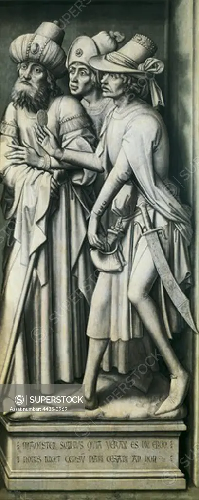 WEYDEN, Rogier van der  (1400-1464). The Caesar's Coin. ca. 1455. Three Pharisees. Chiaroscuro painting, simulating sculptures. International gothic. Oil on canvas. SPAIN. MADRID (AUTONOMOUS COMMUNITY). Madrid. Prado Museum.