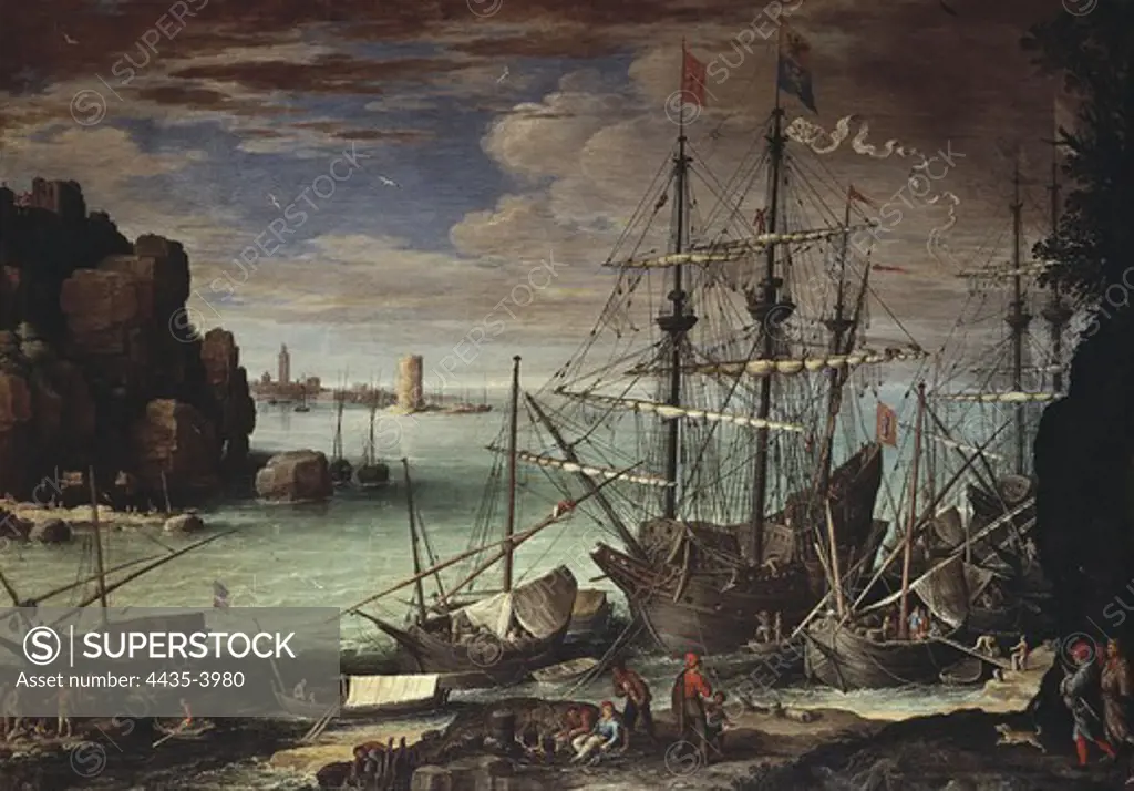 BRILL, Paul (1554-1626). View of a Port. ca. 1607. Flemish art. Oil on canvas. ITALY. LAZIO. Rome. Borghese Gallery and Museum.