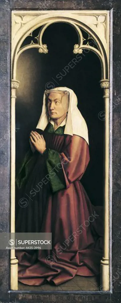 EYCK, Hubert van (1370-1426). The Ghent Altarpiece or Adoration of the Mystic Lamb. 1425-1432. BELGIUM. Ghent. Saint Bavo Cathedral. Portrait of Isabelle Borhunt, Jodocus Vyd's wife. Lower section of the closed altarpiece. Flemish art. Oil on wood.