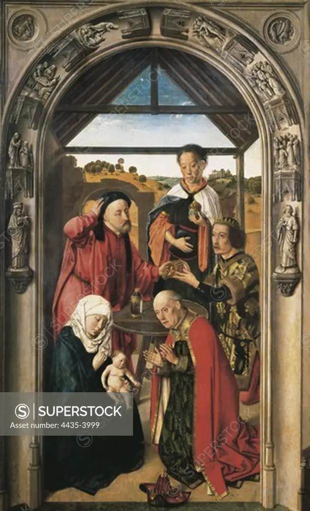 Bouts, Dirck. The Adoration of the Magi. ca. 1445. Central panel. Flemish art. Oil on wood. SPAIN. MADRID (AUTONOMOUS COMMUNITY). Madrid. Prado Museum.