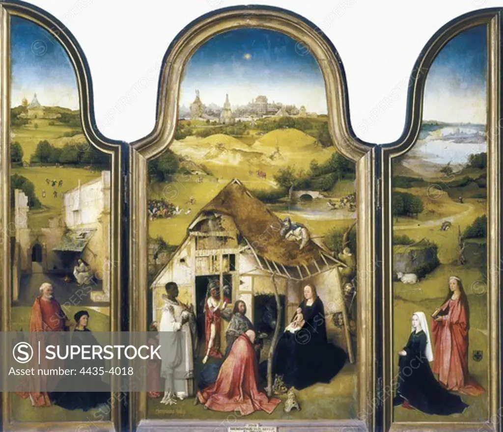 Bosch, Hieronymus Van Aeken, called (1450-1516). The Adoration of the Magi. 1511. The Adoration of the Magi' is represented on the central panel (138x72 cm), and the donors kneeling with their respective saints are on both shutters (138x33 cm). Flemish art. Oil on wood. SPAIN. MADRID (AUTONOMOUS COMMUNITY). Madrid. Prado Museum.