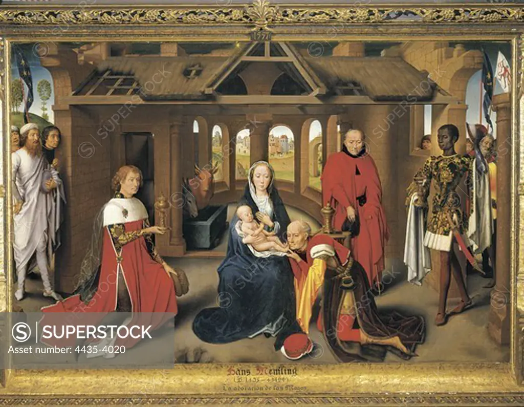 MEMLING, Hans (1433-1494). Triptych of the Adoration. The Adoration of the Magi. c. 1470. Central panel. Left panel (95 x 145 cm.). The Magi are portraits of Charles 'the Bold' and Philip 'the Good'. International gothic. Tempera on wood. SPAIN. MADRID (AUTONOMOUS COMMUNITY). Madrid. Prado Museum.