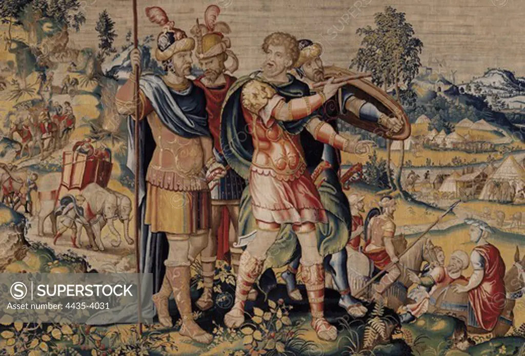 The History of Hannibal: The crossing of the Alps. ca. 1570. Second cloth preserved in the series. Brussels manufacture. Wool and silk. 6.5 / 7 threads per cm. 354 x 479 cm. Flemish art. Tapestry. SPAIN. CASTILE AND LEON. Zamora. Cathedral Museum.
