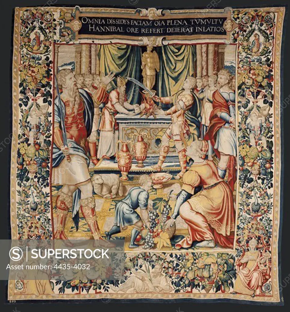 The History of Hannibal: Hannibal's Oath. ca. 1570. Sacrifice and oath against the Romans in front of his father Hamilcar Barca. First cloth preserved in the series. Brussels manufacture. Wool and silk. 6.5 / 7 threads per cm. 349 x 335 cm. Flemish art. Tapestry. SPAIN. CASTILE AND LEON. Zamora. Cathedral Museum.