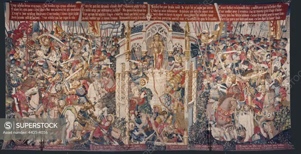 The Trojan War: Achilles' Death. ca. 1470. Eighth cloth of the series, work of the Master of Cotivy, Henry or Conrard of Vulcop (active 1454-1479). Manufacturing of Tournai. Wool and silk. 6/7 threads per cm. 482 x 942 cm. Flemish art. Tapestry. SPAIN. CASTILE AND LEON. Zamora. Cathedral Museum.