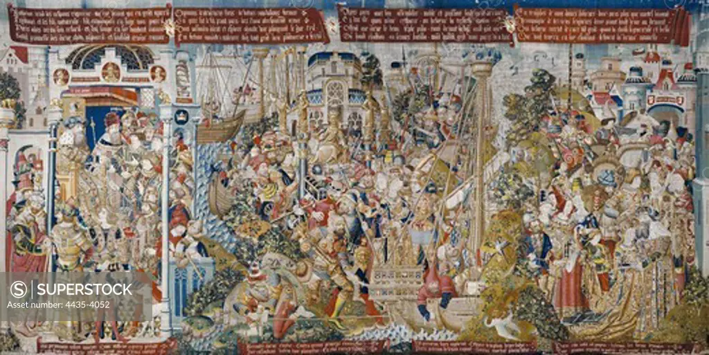 The Trojan War: The Rape of Helen. ca. 1470. Second panel of the series, by the Master of Cotivy, Henry or Conrard of Vulcop (active 1454-1479). Manufacturing of Tournai. Wool and silk. 6/7 threads per cm. 467 x 960 cm. Flemish art. Tapestry. SPAIN. CASTILE AND LEON. Zamora. Cathedral Museum.