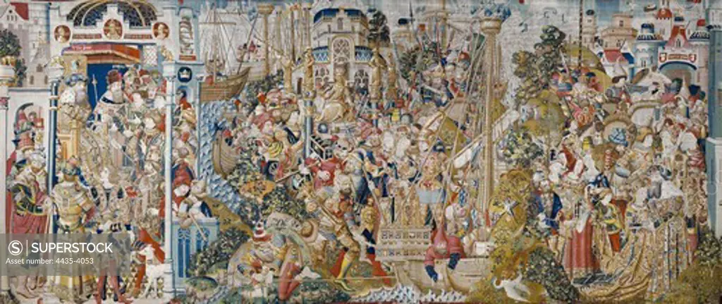 The Trojan War: The Rape of Helen. ca. 1470. Second panel of the series, by the Master of Cotivy, Henry or Conrard of Vulcop (active 1454-1479). Manufacturing of Tournai. Wool and silk. 6/7 threads per cm. 467 x 960 cm. Flemish art. Tapestry. SPAIN. CASTILE AND LEON. Zamora. Cathedral Museum.