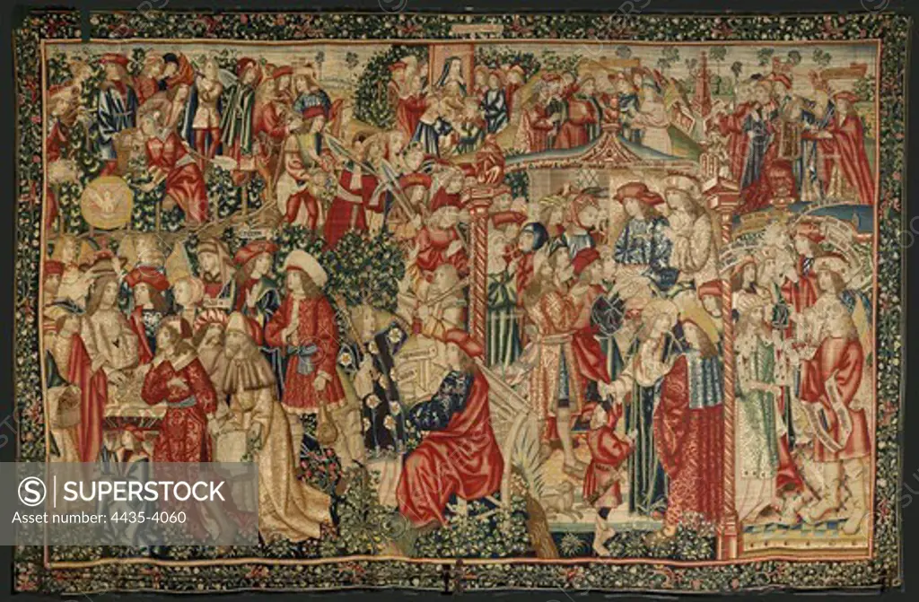 The parable of the laborers in the vineyard: The payment of the denarius. ca. 1500. Second Series cloth. Manufacturing in Brussels, possibly in the workshops of Pieter van Aelst. Silk and wool, 6 threads per cm. Flemish art. Tapestry. SPAIN. CASTILE AND LEON. Zamora. Cathedral Museum.