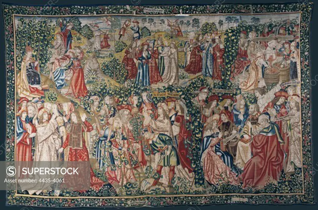 The parable of the laborers in the vineyard: The call to laborers. ca. 1500. God as 'pater familias' elects the workers before the arrival of the Messiah. First panel of the series. Manufacturing in Brussels, possibly in the workshops of Pieter van Aelst. Silk and wool, 6 threads per cm. 410 x 620 cm. Flemish art. Tapestry. SPAIN. CASTILE AND LEON. Zamora. Cathedral Museum.