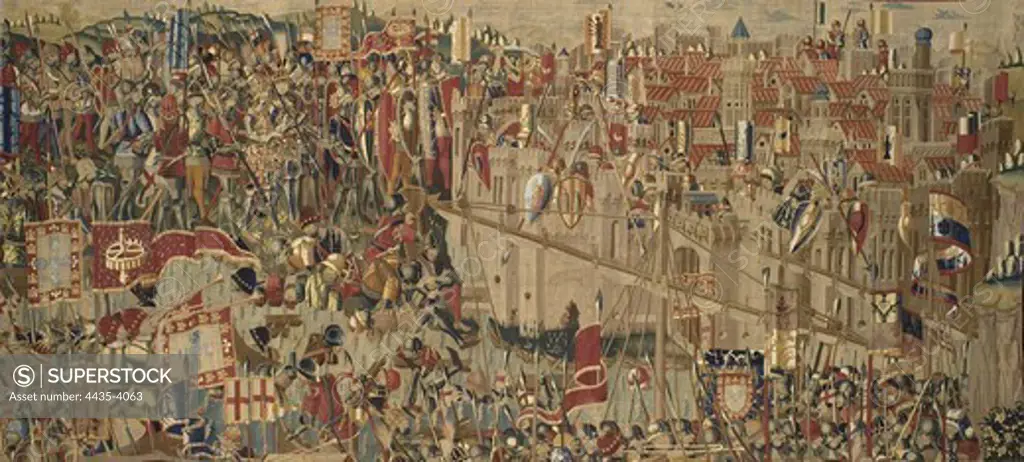 The Pastrana tapestries: Disembarkation in Asilah . ca. 1471 - 1475. Cloth number 1 of the series on the conquest of Asilah and Tangier in 1471 by Alfonso V of Portugal. Manufacturing of Tournai, probably from the workshop of Passchier Grenier. Flemish art. Tapestry. SPAIN. CASTILE-LA MANCHA. GUADALAJARA. Pastrana. Collegiate Tapestries Pastrana Museum.