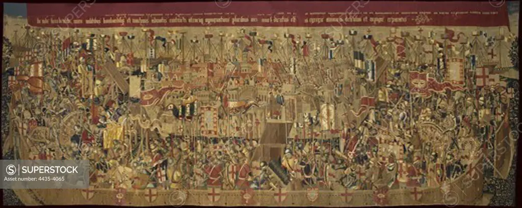 The Pastrana Tapestries: Siege of Asilah. ca. 1471 - 1475. Portuguese camp during the siege. Cloth number 2 of the series on the Conquest of Asilah and Tangier in 1471 by Alfonso V of Portugal. Manufacturing of Tournai, probably from the workshop of Passchier Grenier. Flemish art. Tapestry. SPAIN. CASTILE-LA MANCHA. GUADALAJARA. Pastrana. Collegiate Tapestries Pastrana Museum.