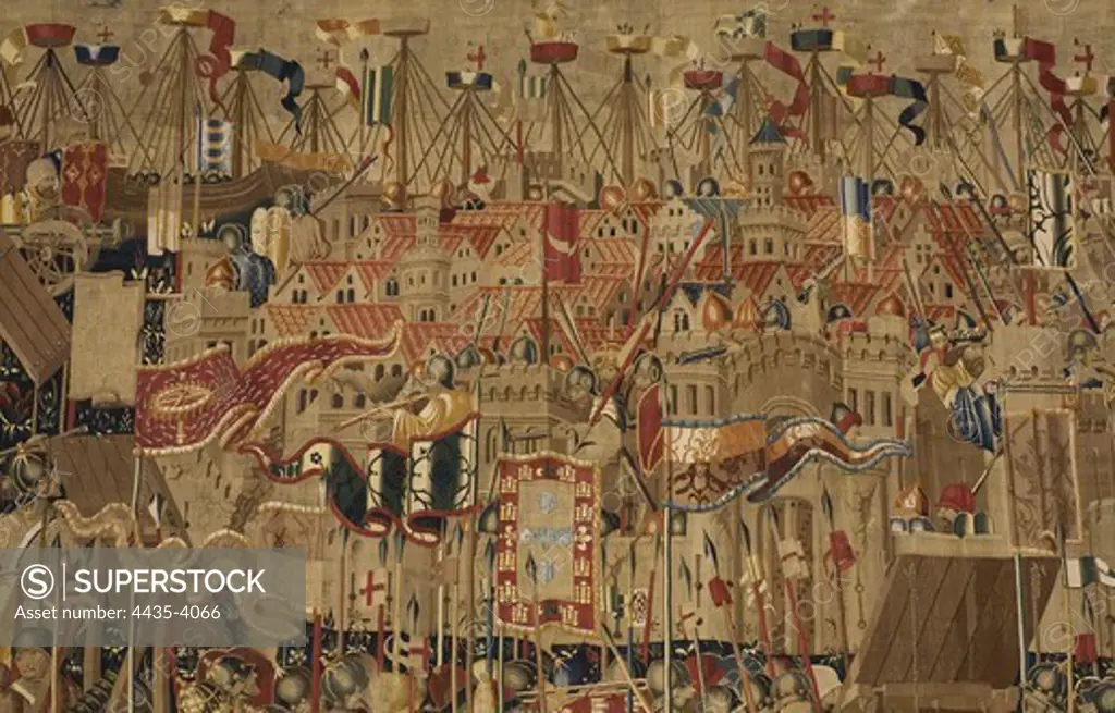 The Pastrana Tapestries: Siege of Asilah. ca. 1471 - 1475. Defense of the city. Cloth number 2 of the series on the Conquest of Asilah and Tangier in 1471 by Alfonso V of Portugal. Manufacturing of Tournai, probably from the workshop of Passchier Grenier. Flemish art. Tapestry. SPAIN. CASTILE-LA MANCHA. GUADALAJARA. Pastrana. Collegiate Tapestries Pastrana Museum.
