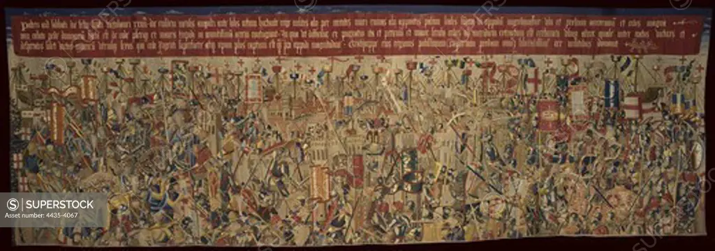The Pastrana Tapestries: Assault on Asilah. ca. 1471 - 1475. Cloth number 3 of the series on the Conquest of Asilah and Tangier in 1471 by Alfonso V of Portugal. Manufacturing of Tournai, probably from the workshop of Passchier Grenier. Flemish art. Tapestry. SPAIN. CASTILE-LA MANCHA. GUADALAJARA. Pastrana. Collegiate Tapestries Pastrana Museum.