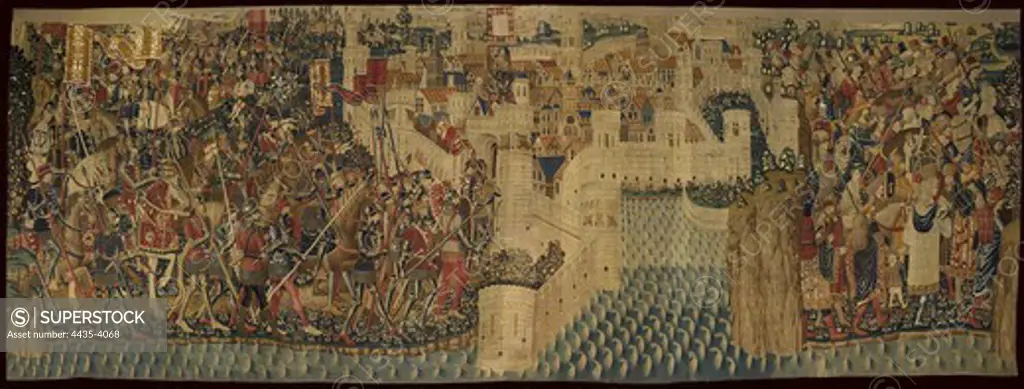 The Pastrana Tapestries: The taking og Tangier. ca. 1471 - 1475. Entry of the Portuguese army in the city, delivered by the lord of Asilah, and withdrawal of its inhabitants. Cloth number 4 of the series on the Conquest of Asilah and Tangier in 1471 by Alfonso V of Portugal. Manufacturing of Tournai, probably from the. Flemish art. Tapestry. SPAIN. CASTILE-LA MANCHA. GUADALAJARA. Pastrana. Collegiate Tapestries Pastrana Museum.