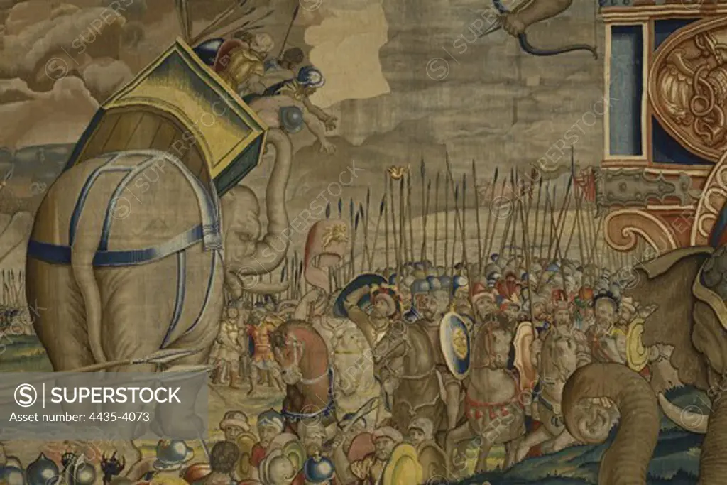 Battle of Zama. 16th c. SPAIN. Madrid. Royal Palace. Flemish art. Tapestry.
