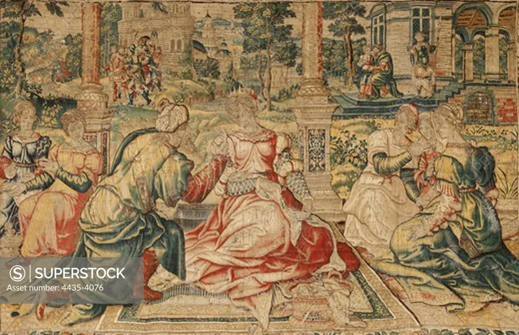 Cleopatra and her court. 2nd half 16 c. Cleopatra receives a messenger. Series of Mark Antony and Cleopatra. Cardboard attributed to Pieter Coecke van Aelst. Possible manufacturing in Brussels. Silk and wool. 310 x 435 cm. Flemish art. Tapestry. SPAIN. CASTILE AND LEON. Burgos. Cathedral of St. Mary.