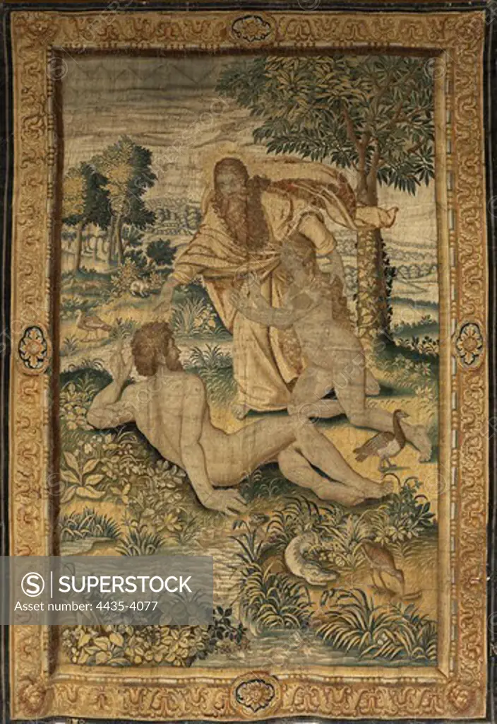 God creates Woman and introduces her to Adam. ca. 1630. Series of the Genesis or The Creation of Man. Cardboard after original of Michiel Coxcie. Manufacturing in Brussels by Jan Aerst. Silk and wool. 330 x 260 cm. Flemish art. Tapestry. SPAIN. CASTILE AND LEON. Burgos. Cathedral of St. Mary.