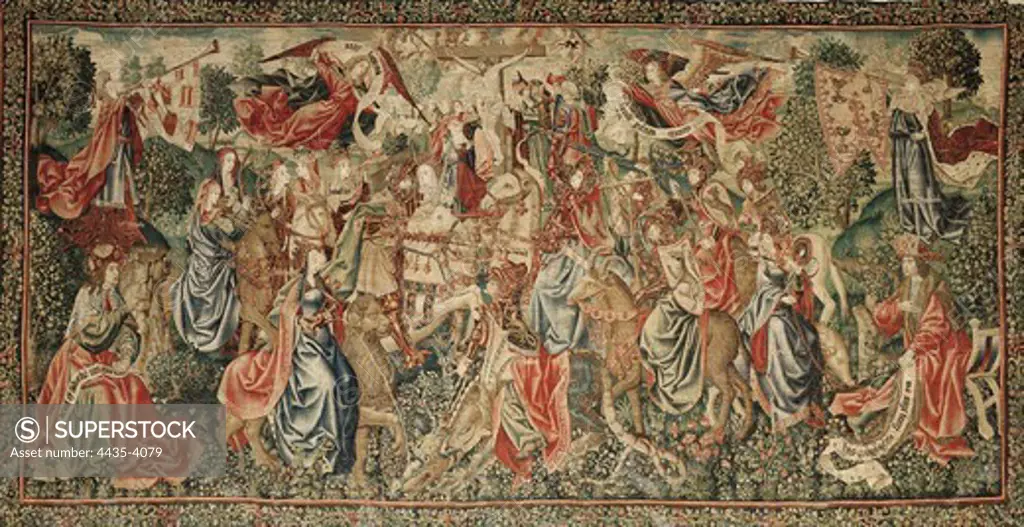 Crucifixion and Virtues win the battle to Vices. ca. 1510. Victory due to the sacrifice of Christ. Cloth number 7 of the series known as Redemption of Man or Vices and Virtues. Manufacturing in Brussels. Silk and wool, 7 threads per cm. 420 x 798 cm. Flemish art. Tapestry. SPAIN. CASTILE AND LEON. Burgos. Cathedral of St. Mary.