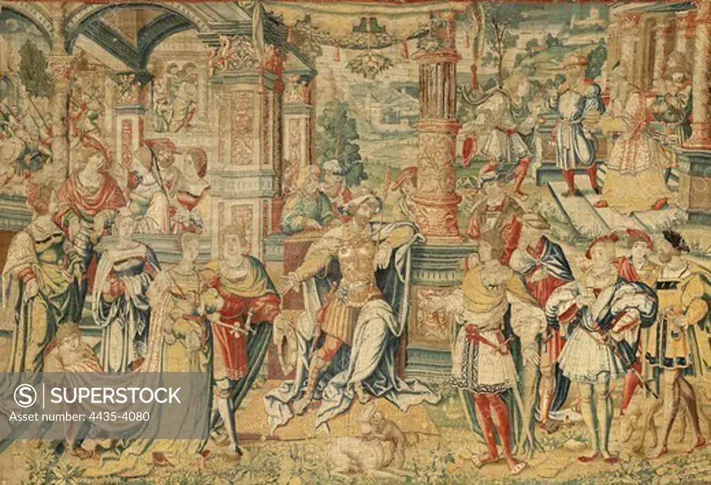 David before Saul. ca. 1525. Series of History of David. Cardboard by Bernard van Orley. Manufacturing in Brussels. Silk and wool. 560 x 410 cm. Flemish art. Tapestry. SPAIN. CASTILE AND LEON. Burgos. Cathedral of St. Mary.