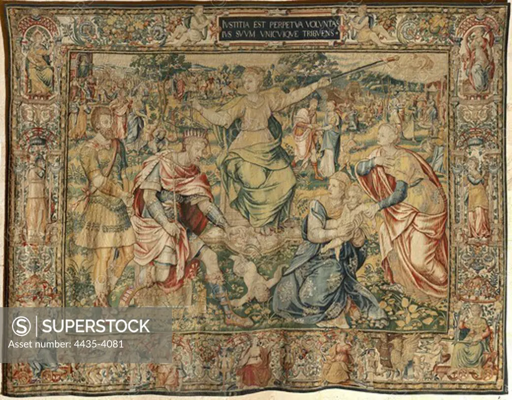 The Seven Virtues: The Justice. ca. 1560 - 1570. Scenes of Divine Justice and Judgment of Solomon. Cardboard after model of Michiel Coxcie. Manufacturing of Brussels in the workshop of Frans Geubels. Silk and wool. 330 x 450 cm. Flemish art. Tapestry. SPAIN. CASTILE AND LEON. Burgos. Cathedral of St. Mary.