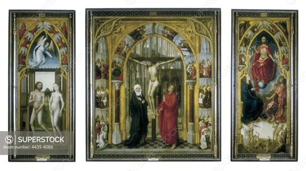 STOCKT, Vrancke van der (1420-1495). Triptych of the Redemption. ca. 1460. Depicting: the Expulsion from the Garden of Eden (left board), the Crucifixion (central board) and the final Judgement (right board). Flemish art. Oil on wood. SPAIN. MADRID (AUTONOMOUS COMMUNITY). Madrid. Prado Museum.