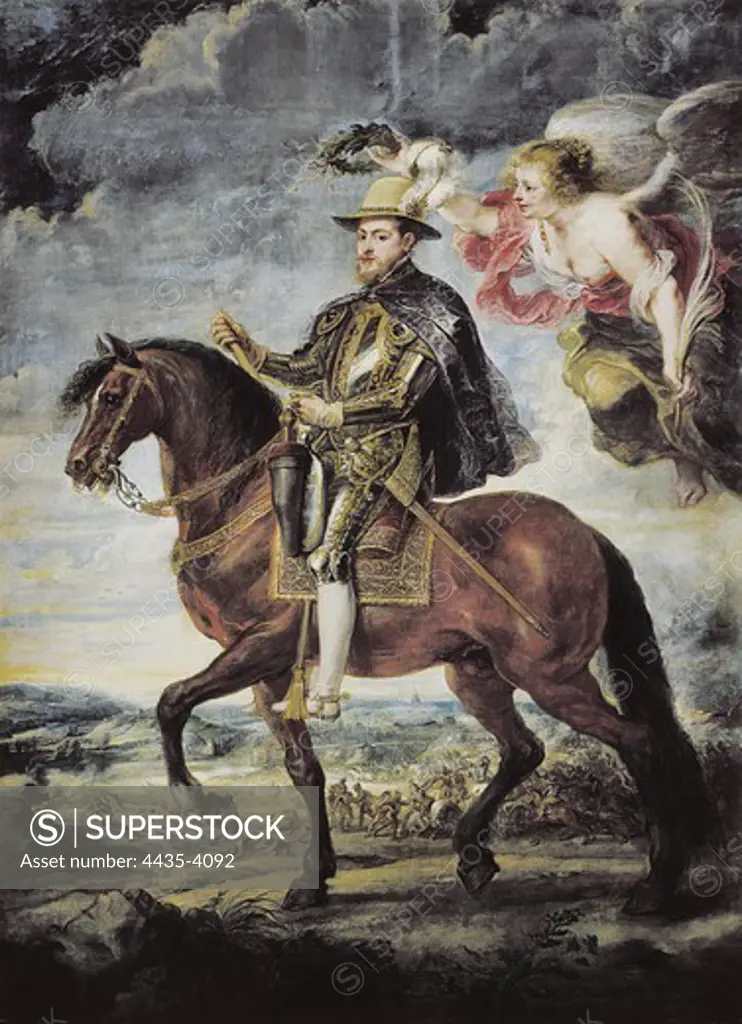 RUBENS, Peter Paul (1577-1640). Philip II Crowned by Victory. 1628. Representation of the victorious king, in the background a scene of the Battle of Saint Quentin. Flemish art. Oil on canvas. SPAIN. MADRID (AUTONOMOUS COMMUNITY). Madrid. Prado Museum.