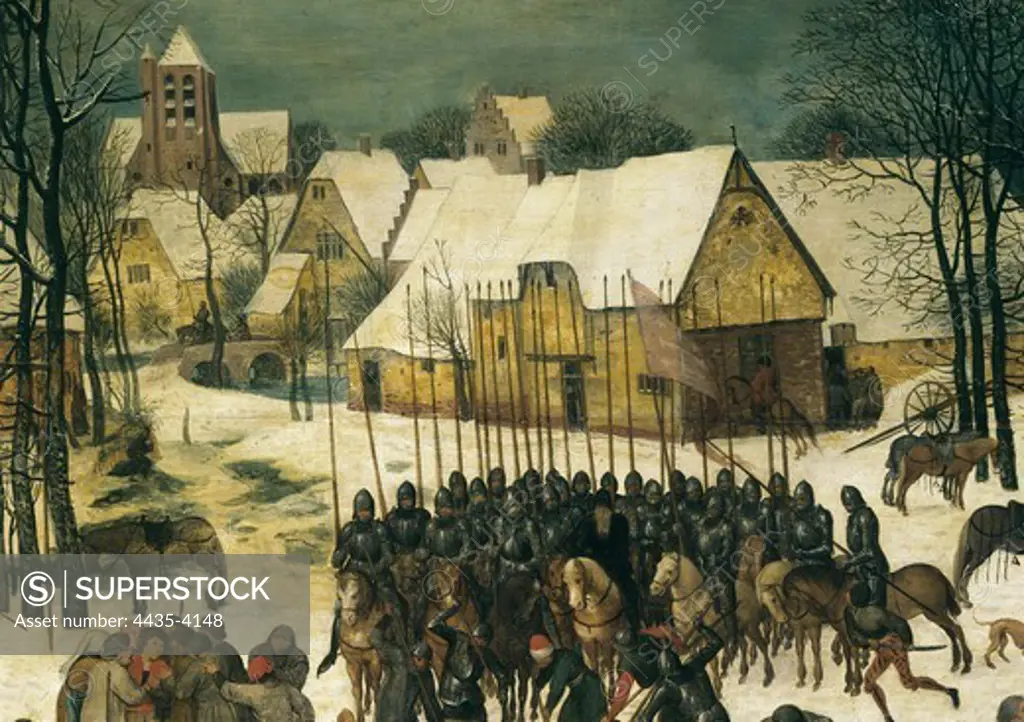 Breugel, Pieter, The Elder, called 'Peasant Bruegel' (1525-1569). Massacre of the Innocents. 1560s. Upper central detail depicting a soldier squadron arriving to the town. Work belonging to Rudolf II art collection. Flemish art. Oil on wood. AUSTRIA. VIENNA. Vienna. Kunsthistorisches Museum Vienna (Museum of Art History).