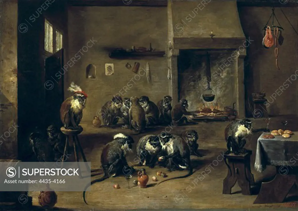 TENIERS II, David, 'the Younger' (1610-1690). Monkeys in the Kitchen. 1640s. Flemish art. Oil on canvas. RUSSIA. SAINT PETERSBURG. Saint Petersburg. State Hermitage Museum.