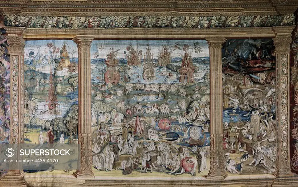 Bosch, Hieronymus Van Aeken, called (1450-1516). The paradise, the purgatory and the hell. 16th c. SPAIN. San Lorenzo de El Escorial. Royal Monastery of San Lorenzo de El Escorial. Flemish art. Tapestry.