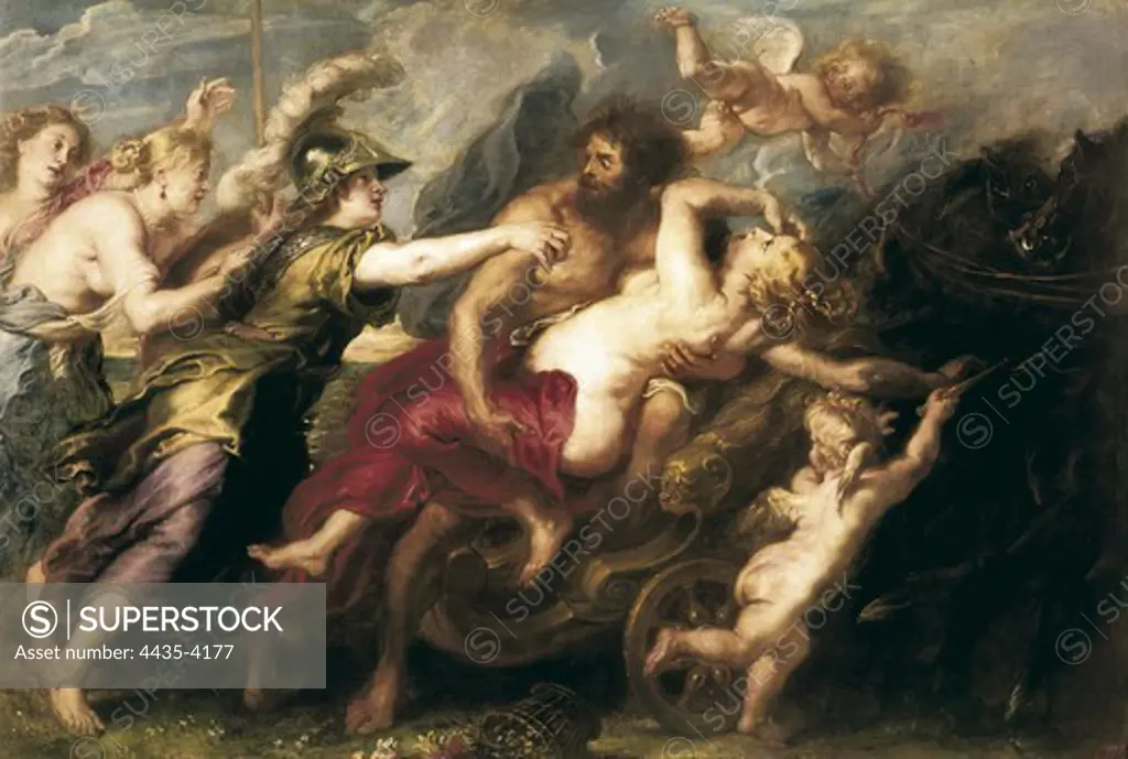 RUBENS, Peter Paul (1577-1640). The Rape of Proserpine. 1636 - 1637. Minerva, followed by Venus and Diana, tries to stop Pluto, who holds in his arms Proserpine and gets in the charriot, led by two putti. Flemish art. Oil on canvas. SPAIN. MADRID (AUTONOMOUS COMMUNITY). Madrid. Prado Museum.