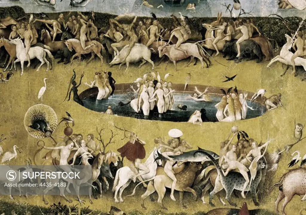 Bosch, Hieronymus Van Aeken, called (1450-1516). The Garden of Earthly Delights. Center Panel. 1503-1504. Central panel of the triptych. Upper central detail with an aspect of the parade of the luxury around the fountain of the youth. Flemish art. Oil on wood. SPAIN. MADRID (AUTONOMOUS COMMUNITY). Madrid. Prado Museum.