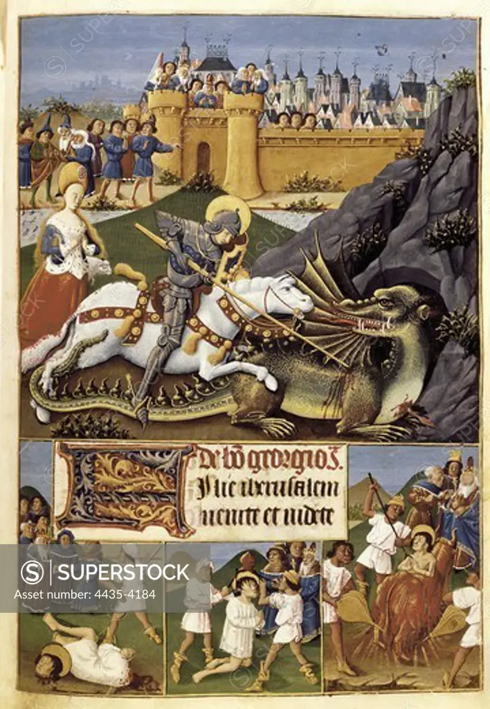 Book of hours of Alonso Fernndez de Cordoba (15th c.). Scene of Saint George and the dragon. Flemish art. Miniature Painting. SPAIN. MADRID (AUTONOMOUS COMMUNITY). Madrid. National Library.