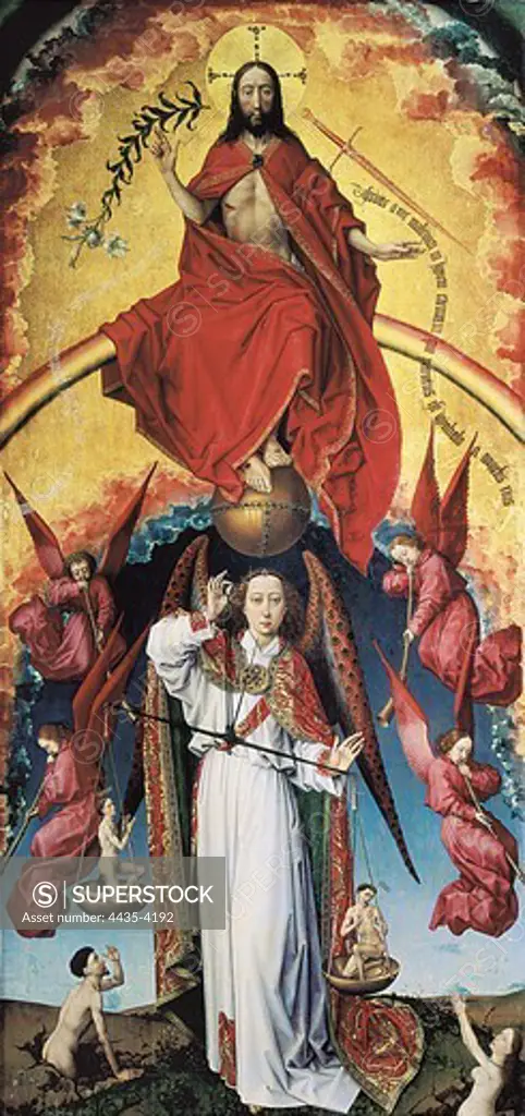 WEYDEN, Rogier van der  (1400-1464). The Last Judgment. 1446-1452. FRANCE. Beaune. H™tel-Dieu. Detail of the central pannel of the open polyptych, with the figures of Christ in Majesty and Saint Michael the Archangel, who is weighing on a balance the figures of Virtue and Sin. Flemish art. Oil on wood.
