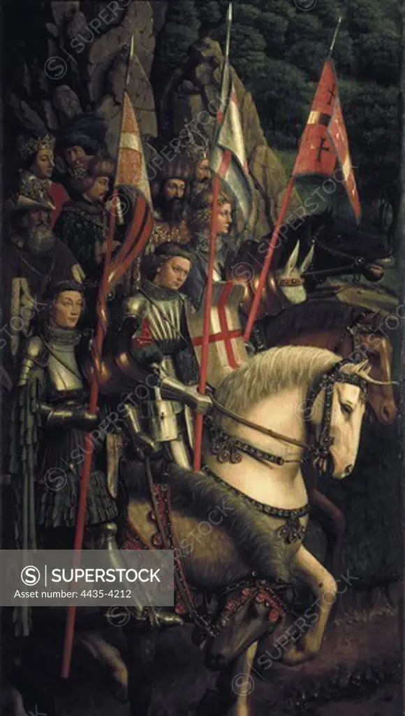 EYCK, Hubert van (1370-1426). The Ghent Altarpiece or Adoration of the Mystic Lamb. 1425-1432. BELGIUM. Ghent. Saint Bavo Cathedral. The Knights of Christ, detail from the left hand panel of the Ghent Altarpiece. Flemish art. Oil on wood.