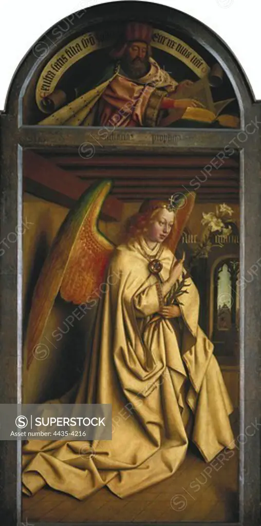 EYCK, Hubert van (1370-1426). The Ghent Altarpiece or Adoration of the Mystic Lamb. 1425-1432. BELGIUM. Ghent. Saint Bavo Cathedral. The Prophet Zacharias and the Angel Gabriel, detail from the exterior of the left wing. Flemish art. Oil on wood.