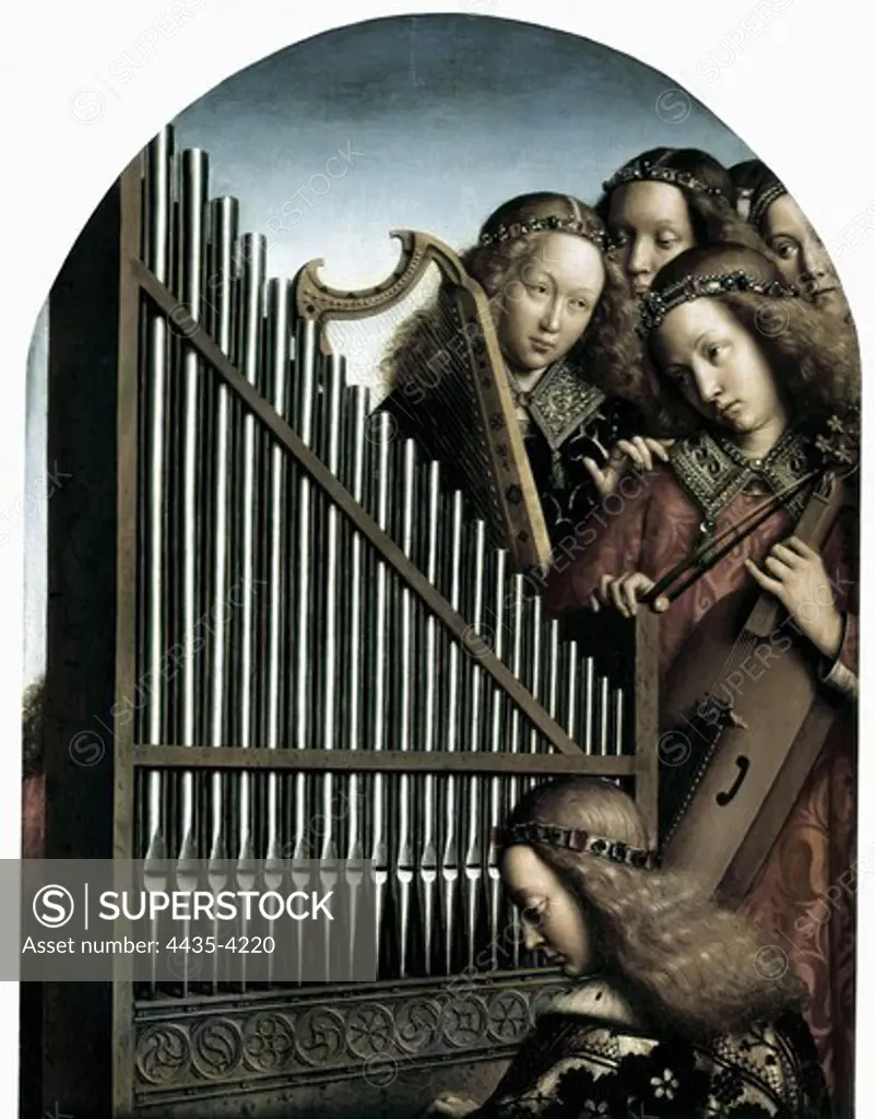 EYCK, Hubert van (1370-1426). The Ghent Altarpiece or Adoration of the Mystic Lamb. 1425-1432. BELGIUM. Ghent. Saint Bavo Cathedral. Angel musicians, from the right side of the Ghent Altarpiece. Flemish art. Oil on wood.