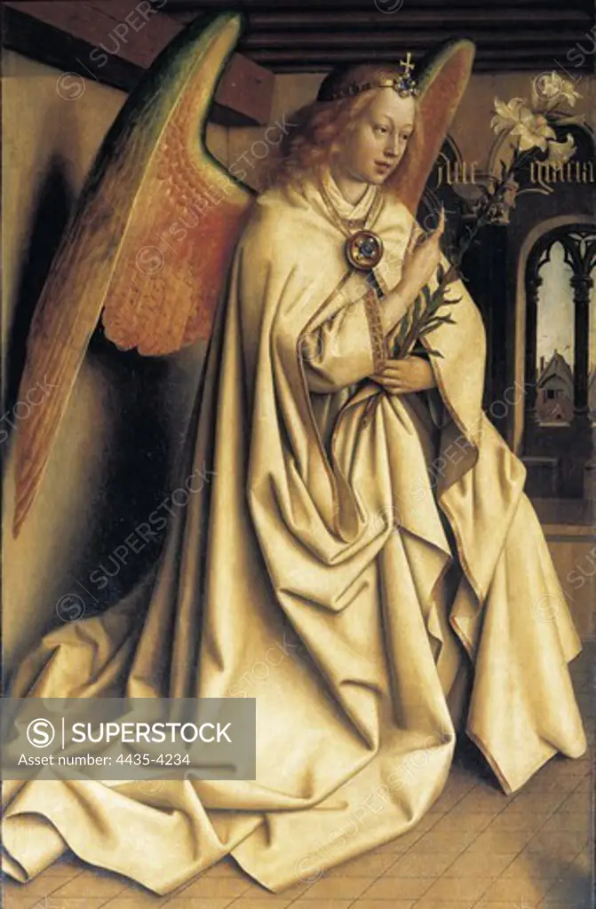 EYCK, Hubert van (1370-1426). The Ghent Altarpiece or Adoration of the Mystic Lamb. 1425-1432. BELGIUM. Ghent. Saint Bavo Cathedral. Angel Gabriel, detail from the exterior of the left wing. Flemish art. Oil on wood.